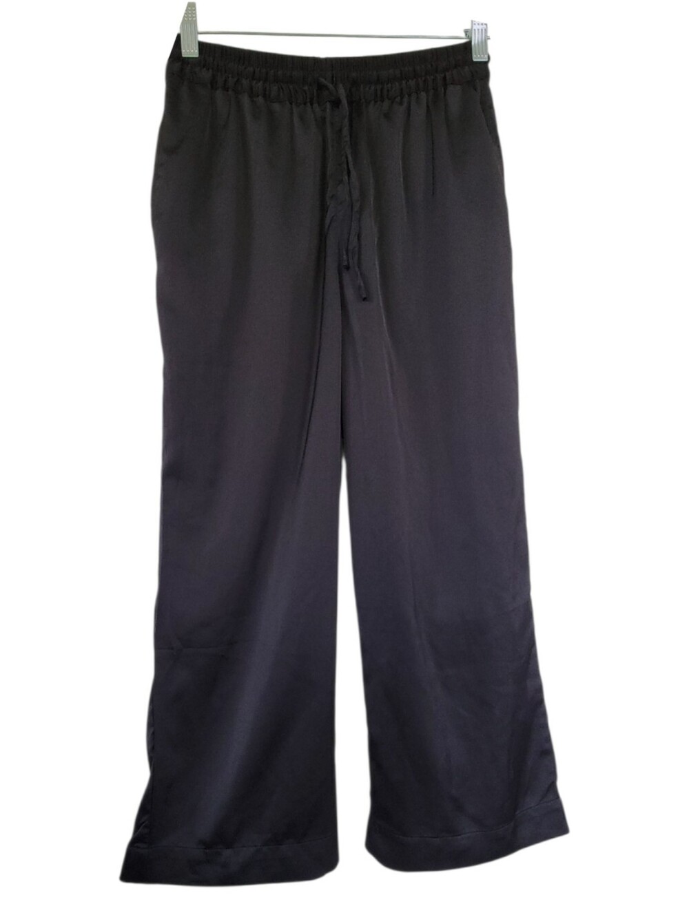 Frank & Oak Black Cropped Satin Wide Leg Pants Pull On Minimalist Pockets